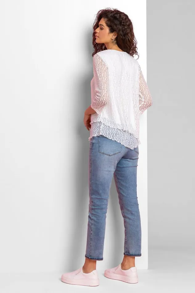 Ivory Burnout Print Asymmetric Stretch Top Women Roman Tops