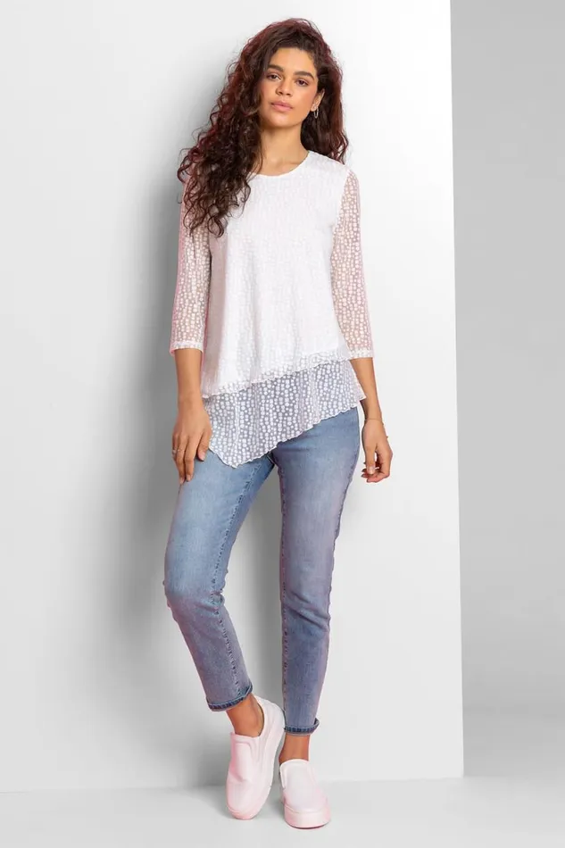 Ivory Burnout Print Asymmetric Stretch Top Women Roman Tops