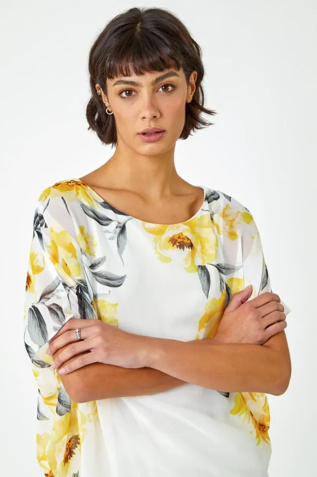 Ivory Floral Border Print Chiffon Overlay Top Women Roman Tops