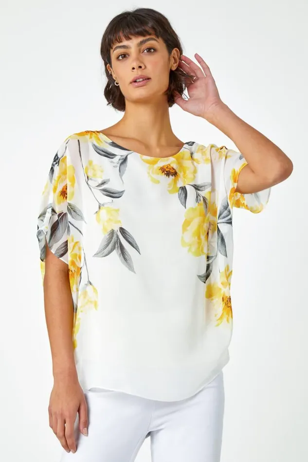 Ivory Floral Border Print Chiffon Overlay Top Women Roman Tops