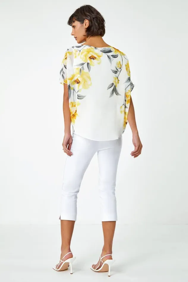 Ivory Floral Border Print Chiffon Overlay Top Women Roman Tops