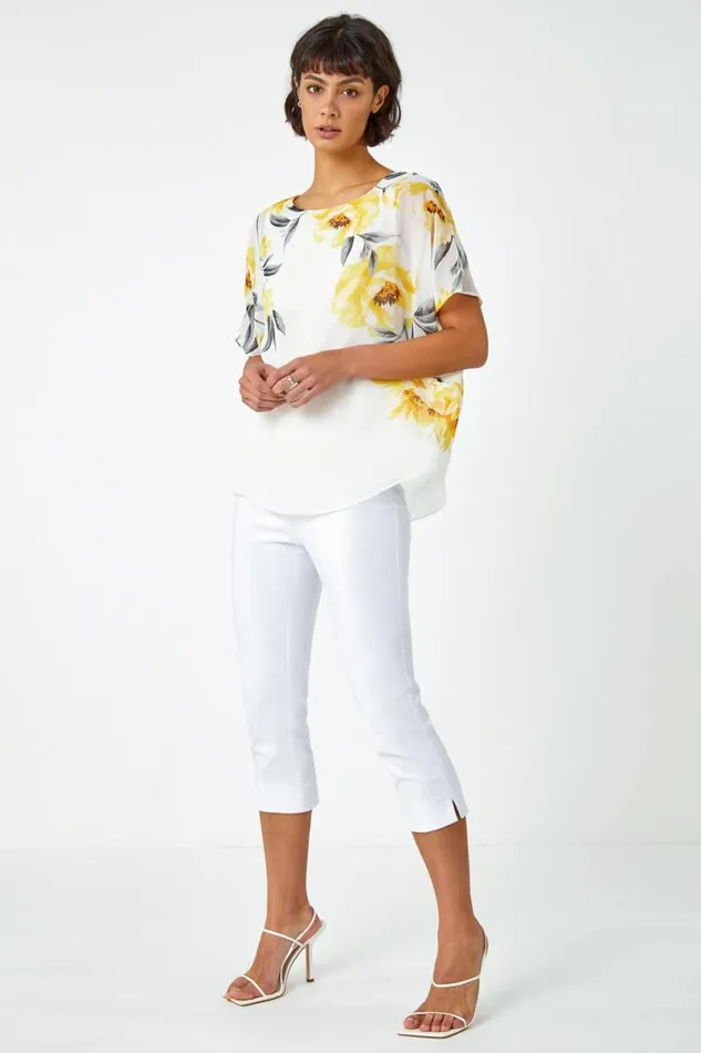 Ivory Floral Border Print Chiffon Overlay Top Women Roman Tops