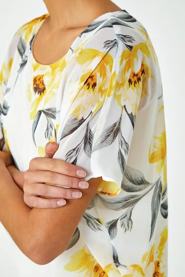 Ivory Floral Border Print Chiffon Overlay Top Women Roman Tops