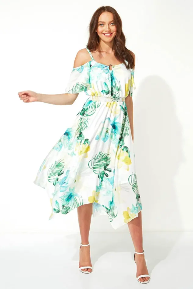 Ivory Floral Cold Shoulder Chiffon Midi Dress Women Roman Dresses