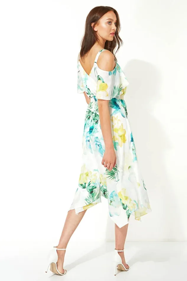 Ivory Floral Cold Shoulder Chiffon Midi Dress Women Roman Dresses