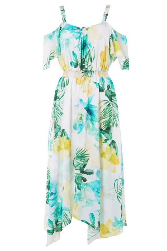 Ivory Floral Cold Shoulder Chiffon Midi Dress Women Roman Dresses