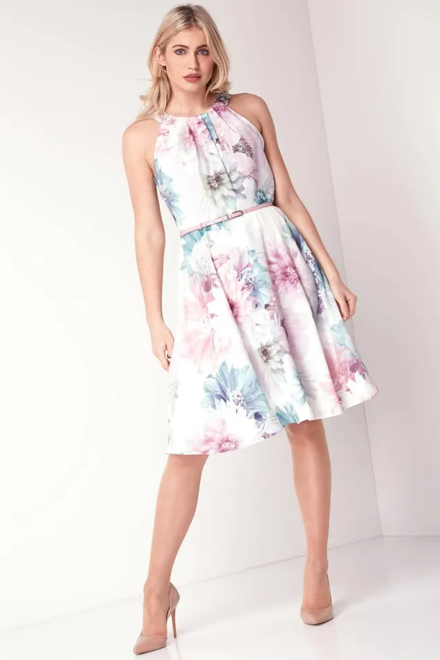Ivory Floral Fit And Flare Belted Dress Women Roman Dresses