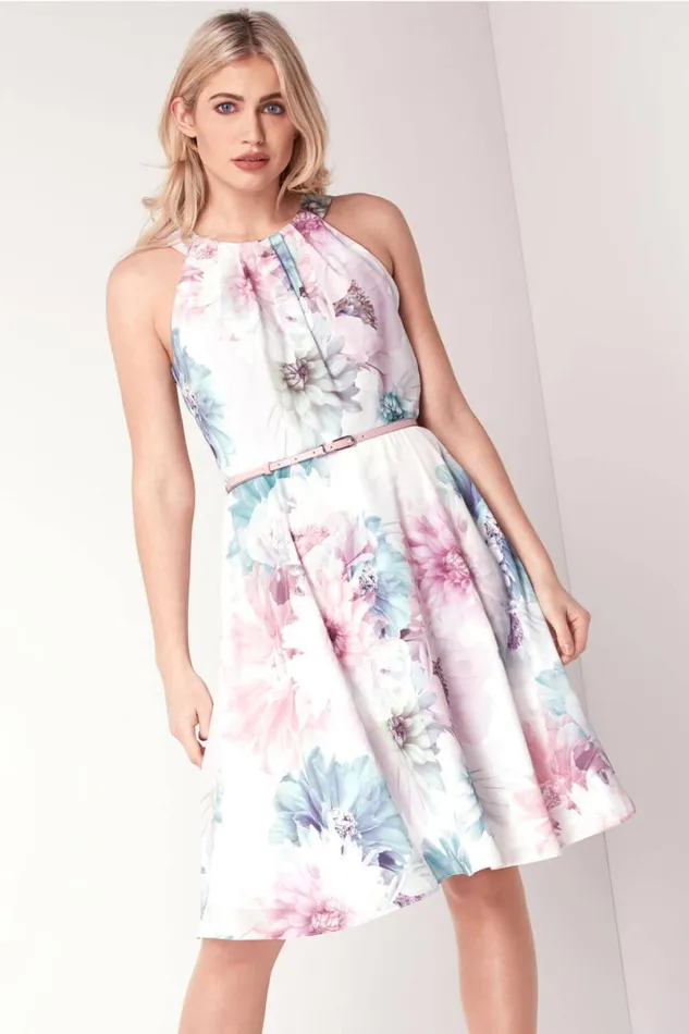 Ivory Floral Fit And Flare Belted Dress Women Roman Dresses