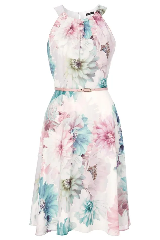 Ivory Floral Fit And Flare Belted Dress Women Roman Dresses