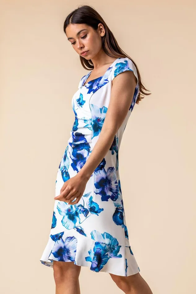 Ivory Floral Frill Hem Scuba Dress Women Roman Dresses