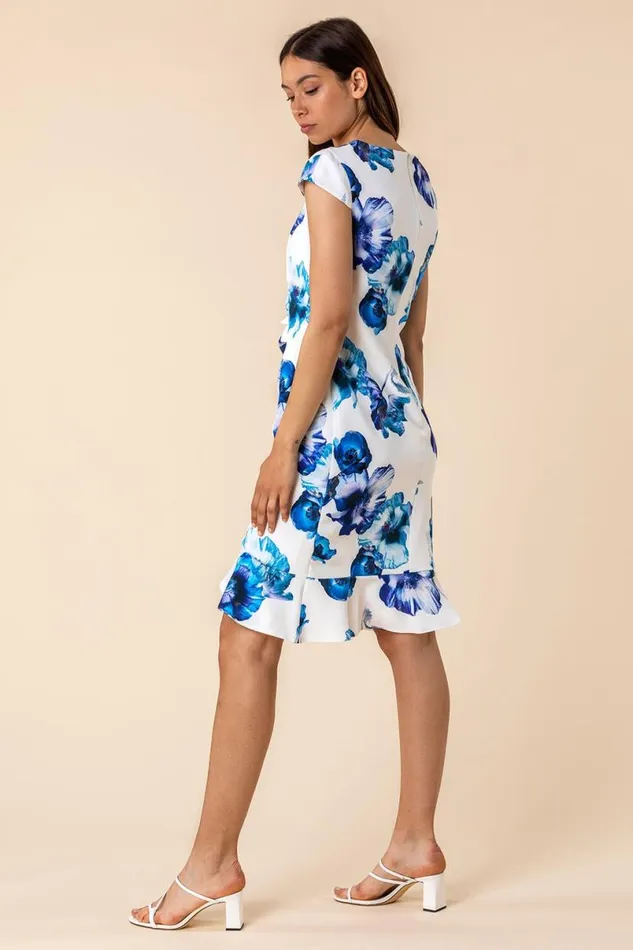 Ivory Floral Frill Hem Scuba Dress Women Roman Dresses