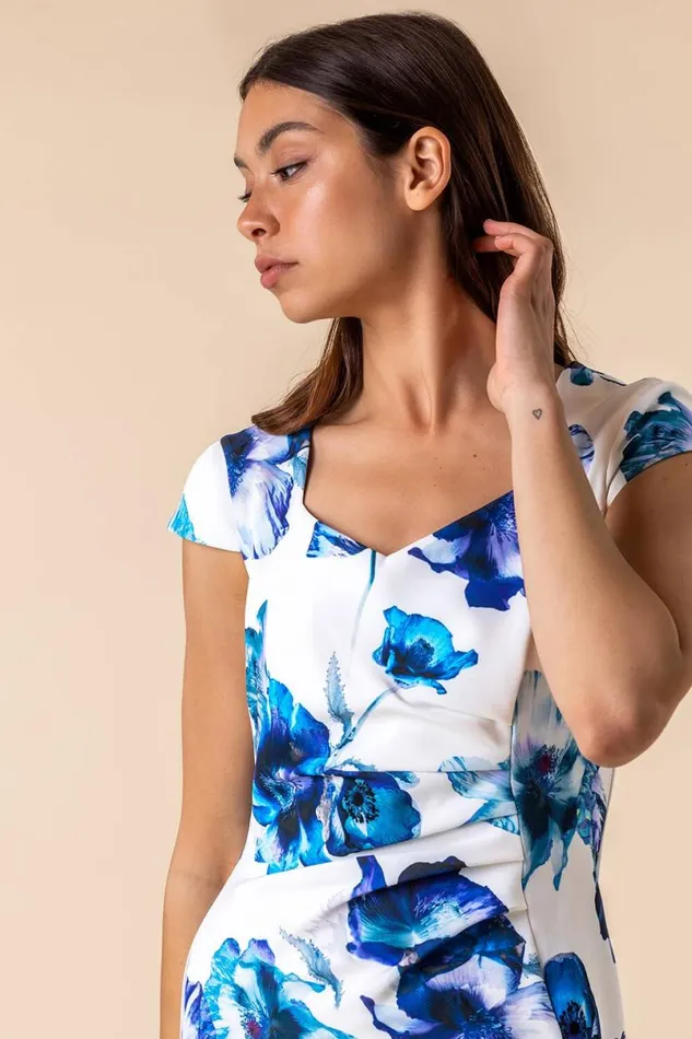 Ivory Floral Frill Hem Scuba Dress Women Roman Dresses