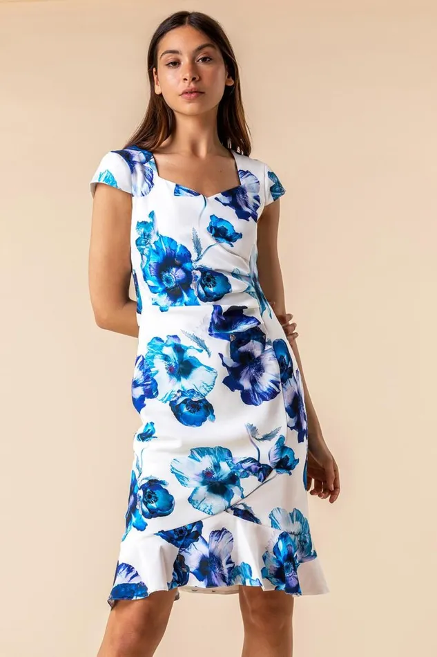 Ivory Floral Frill Hem Scuba Dress Women Roman Dresses