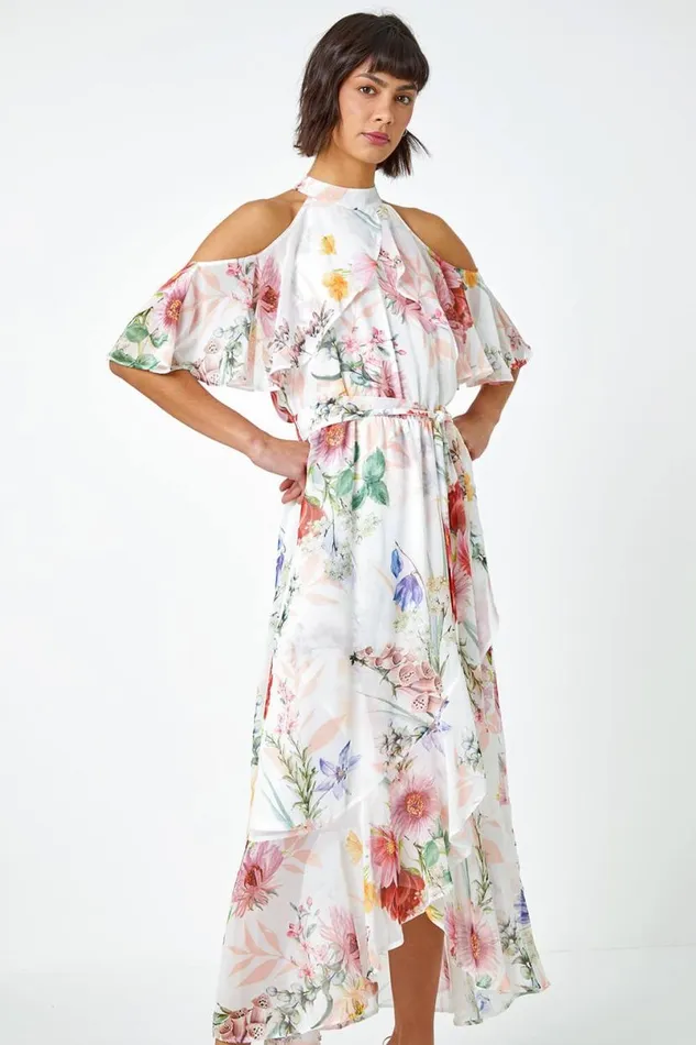 Ivory Floral Halterneck Chiffon Frill Dress Women Roman Dresses