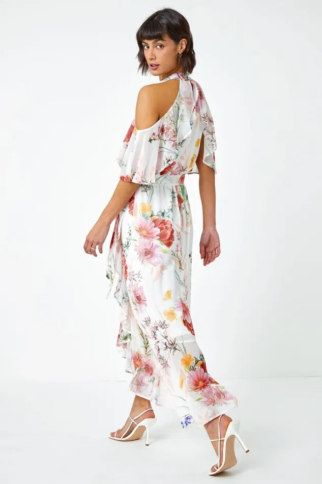 Ivory Floral Halterneck Chiffon Frill Dress Women Roman Dresses