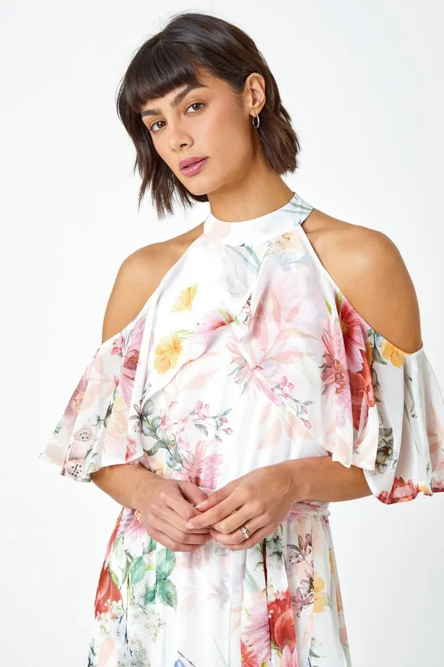 Ivory Floral Halterneck Chiffon Frill Dress Women Roman Dresses