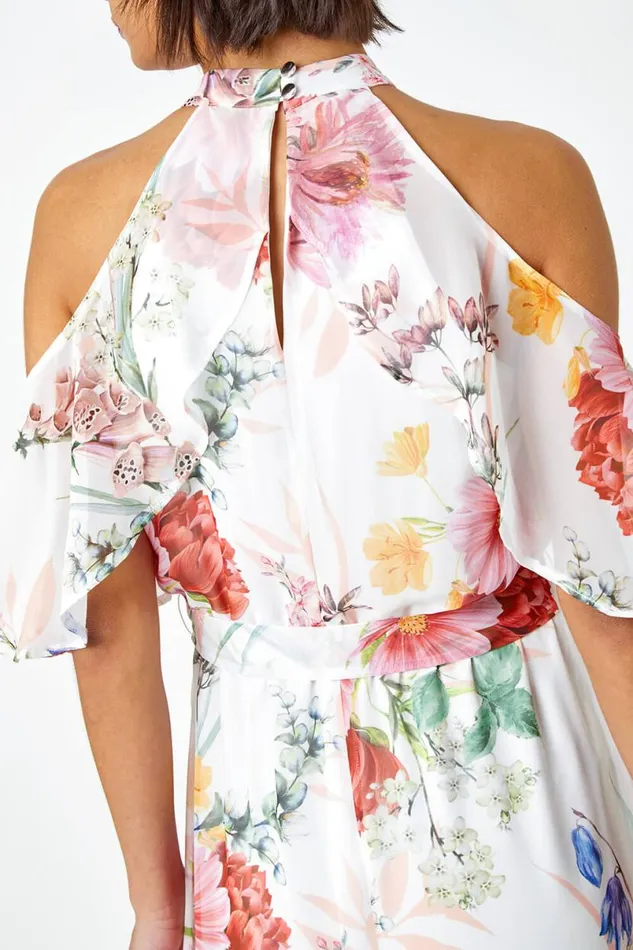 Ivory Floral Halterneck Chiffon Frill Dress Women Roman Dresses