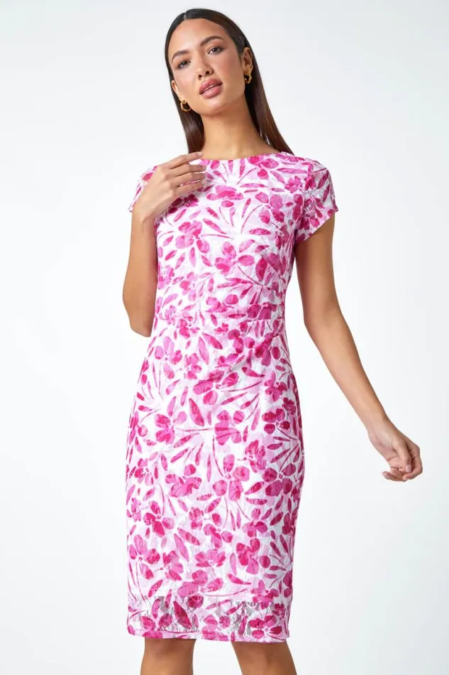 Ivory Floral Lace Gathered Stretch Bodycon Dress Women Roman Dresses