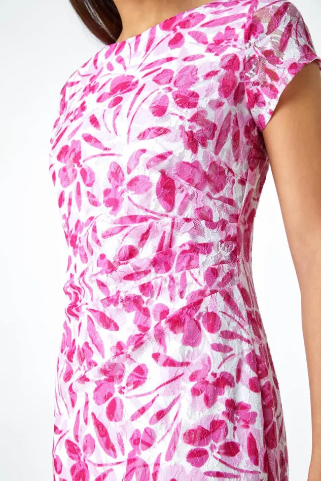 Ivory Floral Lace Gathered Stretch Bodycon Dress Women Roman Dresses