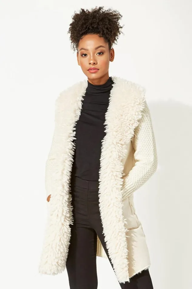 Ivory Longline Faux Shearling Knit Coatigan Women Roman Knitwear