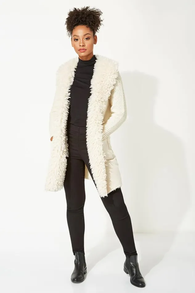 Ivory Longline Faux Shearling Knit Coatigan Women Roman Knitwear