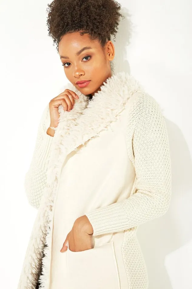 Ivory Longline Faux Shearling Knit Coatigan Women Roman Knitwear