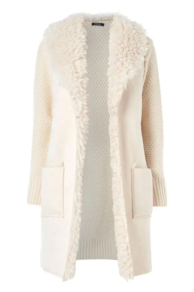 Ivory Longline Faux Shearling Knit Coatigan Women Roman Knitwear