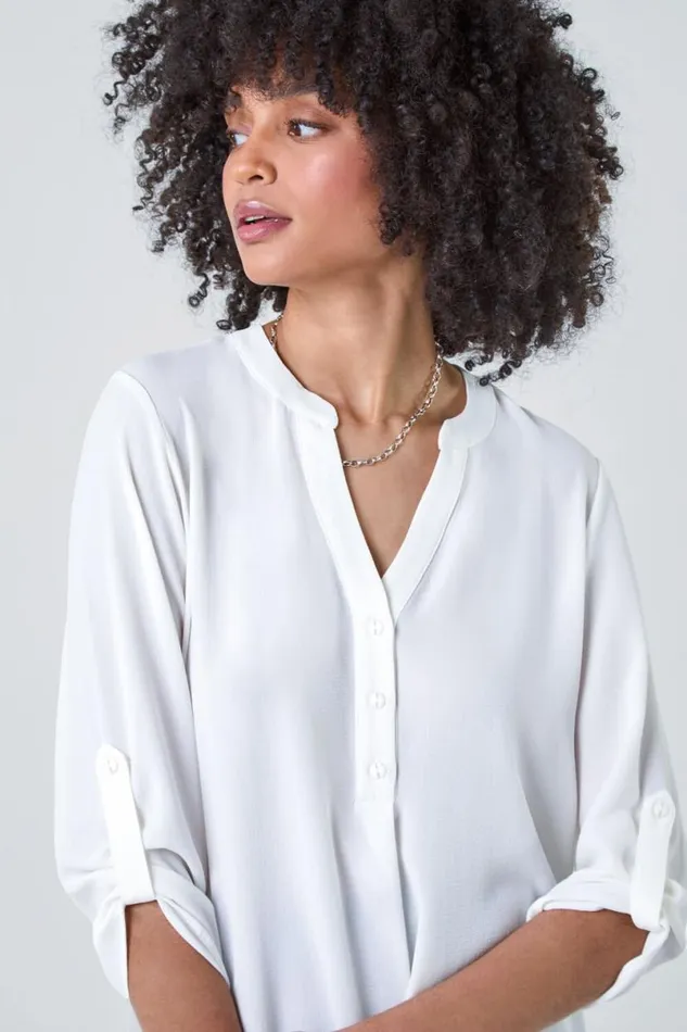 Ivory Longline Tunic Stretch Blouse Women Roman Tops