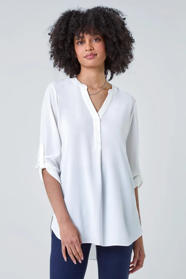 Ivory Longline Tunic Stretch Blouse Women Roman Tops