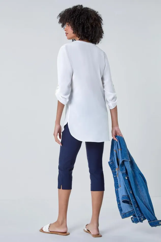 Ivory Longline Tunic Stretch Blouse Women Roman Tops