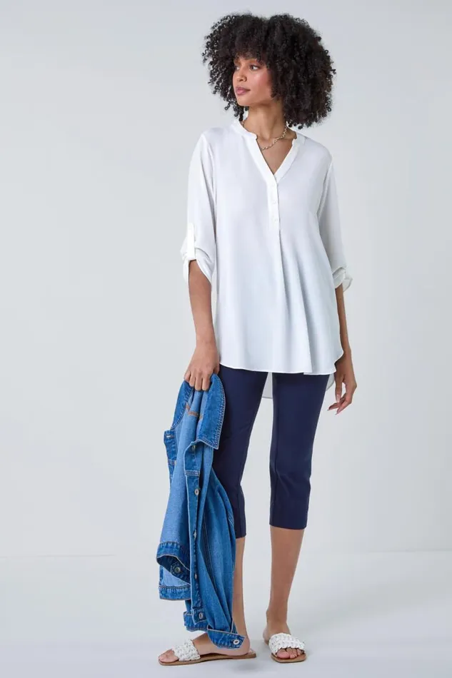 Ivory Longline Tunic Stretch Blouse Women Roman Tops