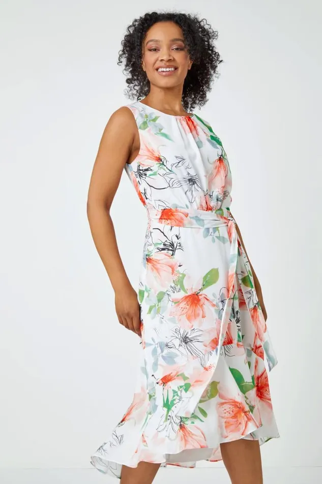 Ivory Petite Floral Sleeveless Chiffon Frill Dress Women Roman Dresses