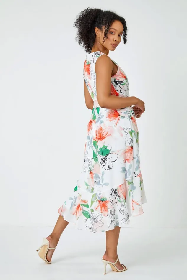 Ivory Petite Floral Sleeveless Chiffon Frill Dress Women Roman Dresses