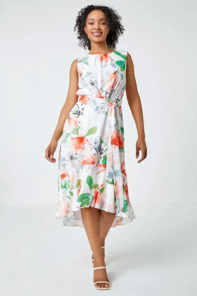 Ivory Petite Floral Sleeveless Chiffon Frill Dress Women Roman Dresses