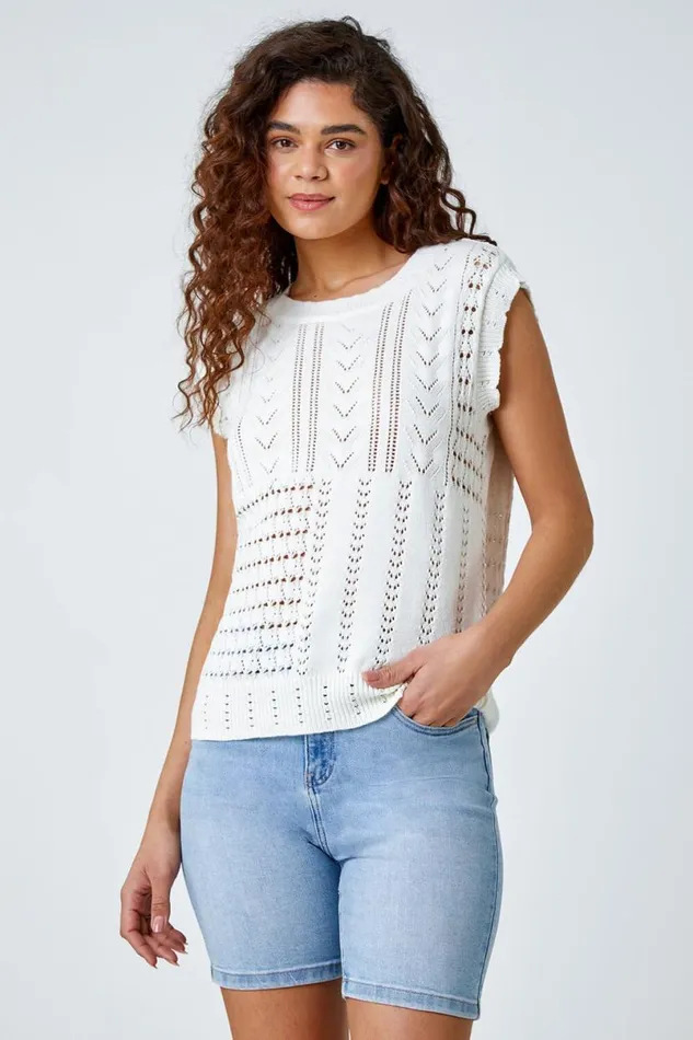 Ivory Pointelle Cotton Blend Knitted Vest Women Roman Tops
