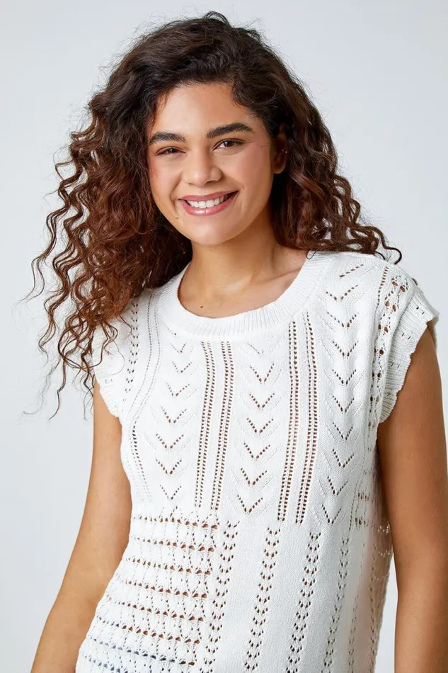 Ivory Pointelle Cotton Blend Knitted Vest Women Roman Tops