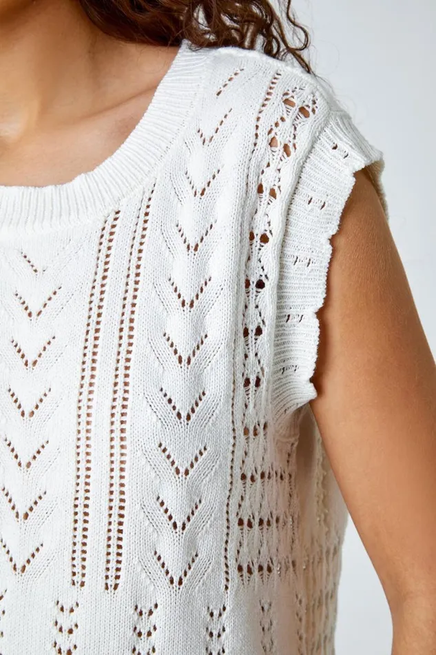 Ivory Pointelle Cotton Blend Knitted Vest Women Roman Tops