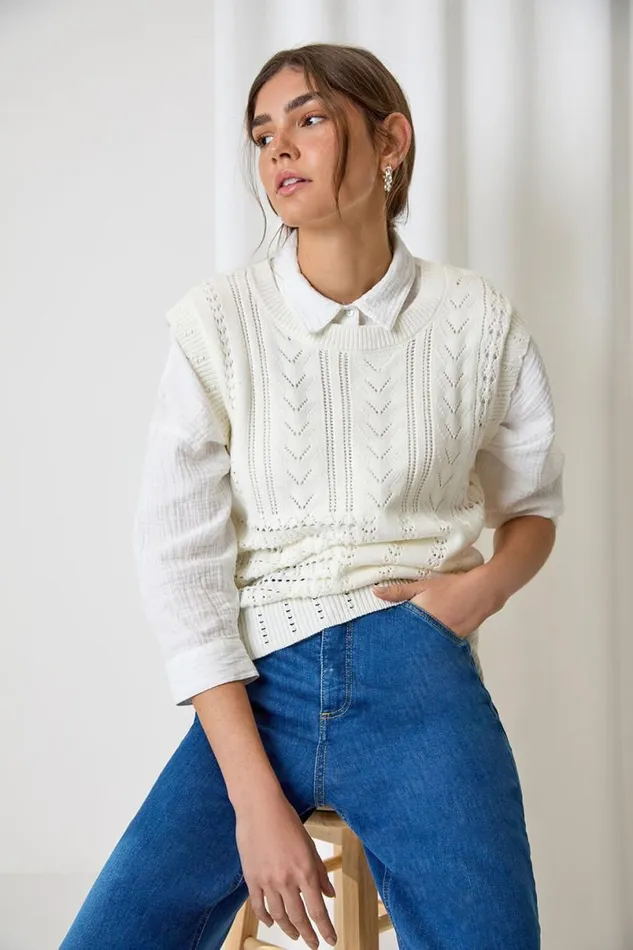 Ivory Pointelle Cotton Blend Knitted Vest Women Roman Tops