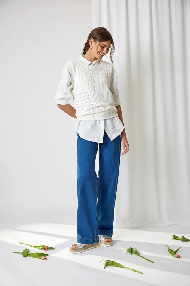 Ivory Pointelle Cotton Blend Knitted Vest Women Roman Tops