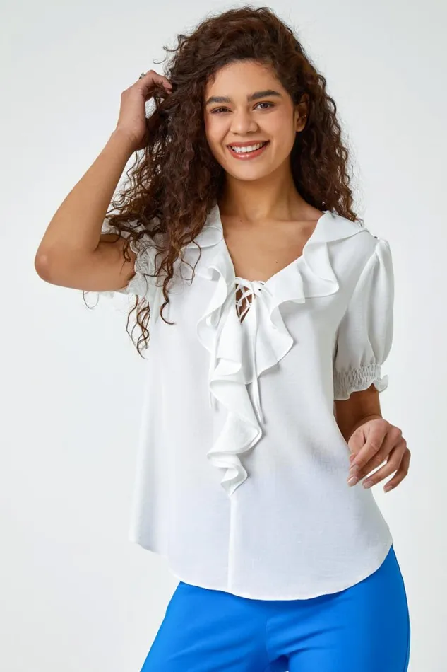 Ivory Ruffle Front Tie Detail Blouse Women Roman Tops