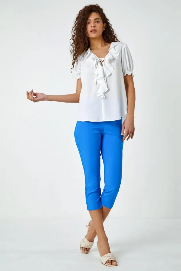 Ivory Ruffle Front Tie Detail Blouse Women Roman Tops