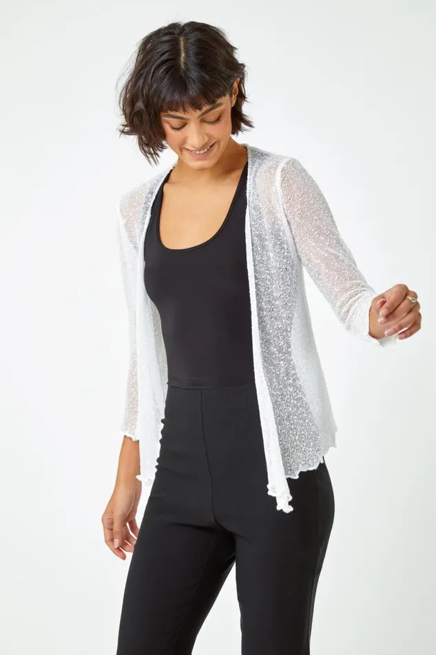 Ivory Textured Pointelle Detail Shrug Women Roman Knitwear