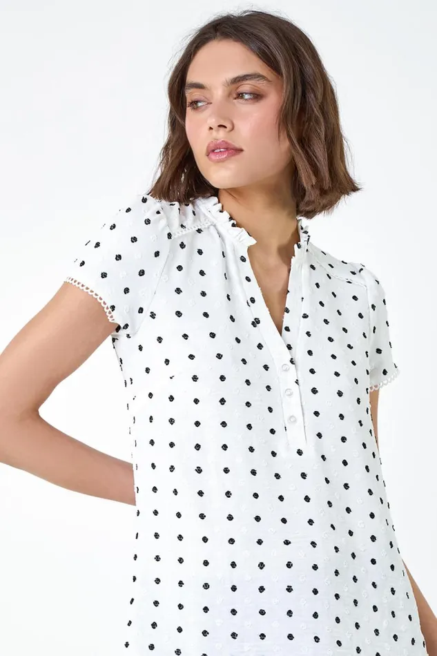 Ivory Textured Spot Print Ruffle Detail Top Women Roman Tops