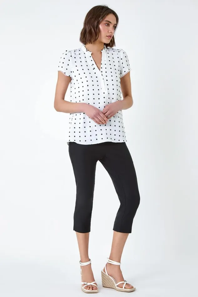 Ivory Textured Spot Print Ruffle Detail Top Women Roman Tops