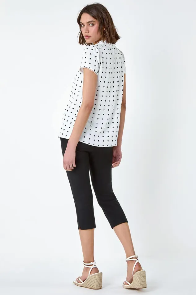 Ivory Textured Spot Print Ruffle Detail Top Women Roman Tops