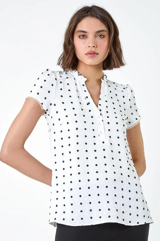 Ivory Textured Spot Print Ruffle Detail Top Women Roman Tops
