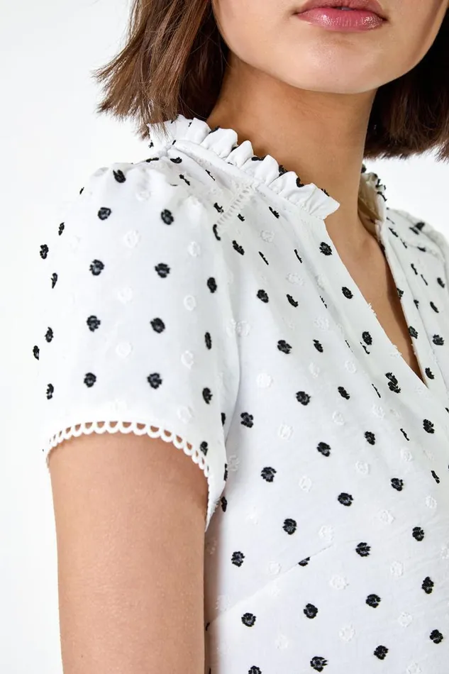 Ivory Textured Spot Print Ruffle Detail Top Women Roman Tops