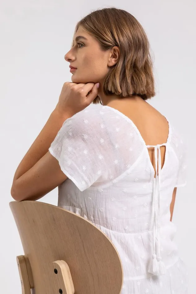Ivory Tie Back Embroidered Cotton Top Women Roman Tops