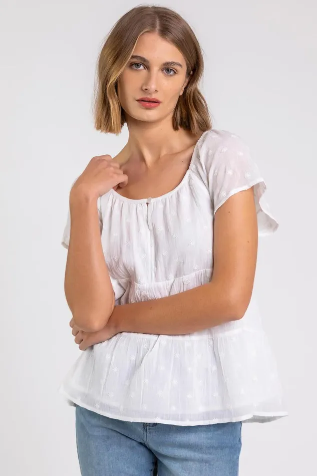 Ivory Tie Back Embroidered Cotton Top Women Roman Tops