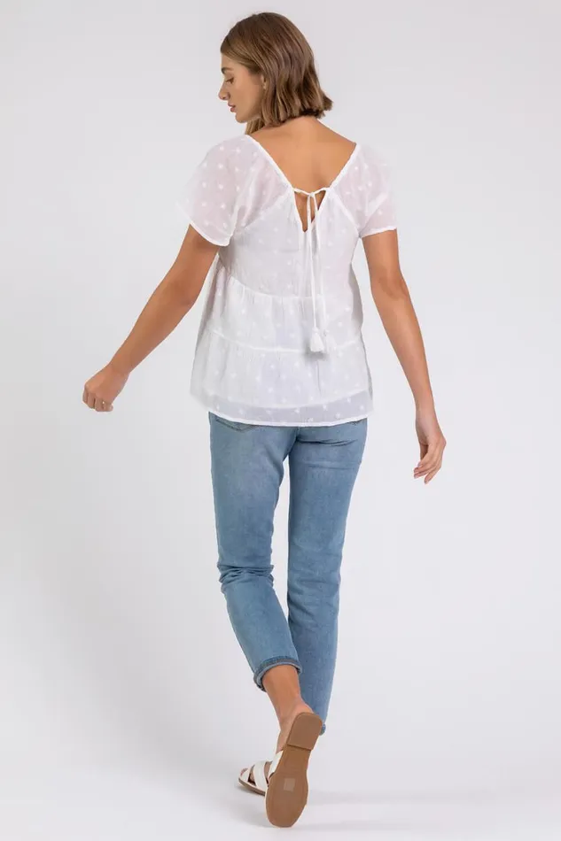Ivory Tie Back Embroidered Cotton Top Women Roman Tops